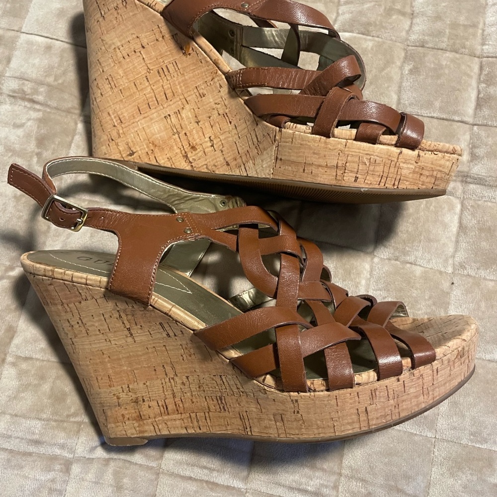 Guess Tan Leather Wedge Sandals